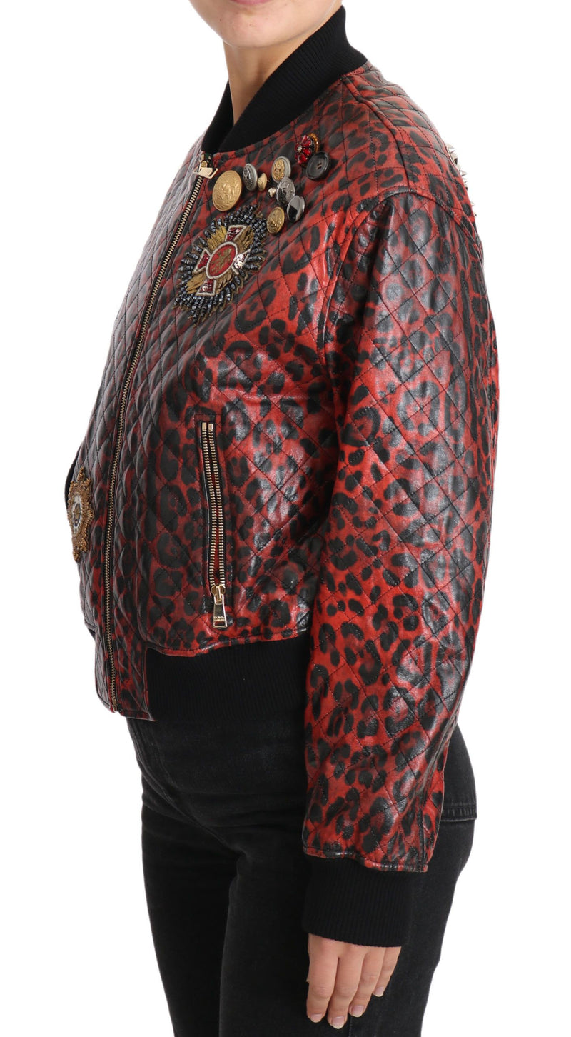 Red Leopard Bomber Leather Jacket with Crystal Buttons Dolce & Gabbana