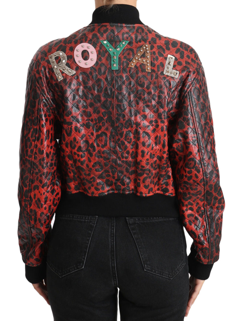 Red Leopard Bomber Leather Jacket with Crystal Buttons Dolce & Gabbana