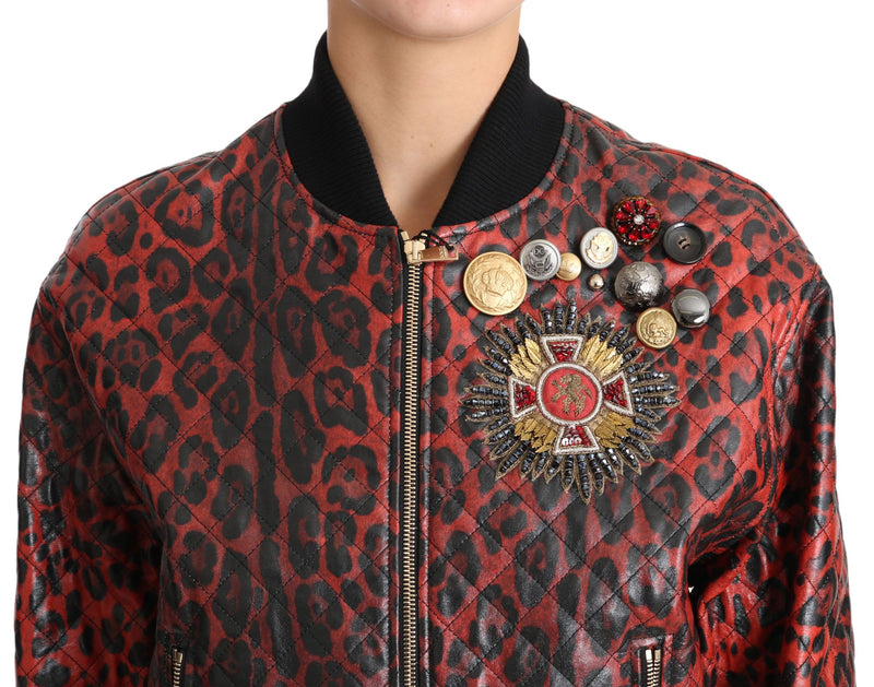 Red Leopard Bomber Leather Jacket with Crystal Buttons Dolce & Gabbana