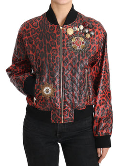 Red Leopard Bomber Leather Jacket with Crystal Buttons Dolce & Gabbana