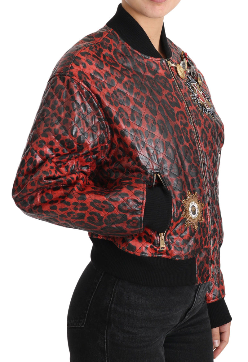 Red Leopard Bomber Leather Jacket with Crystal Buttons Dolce & Gabbana