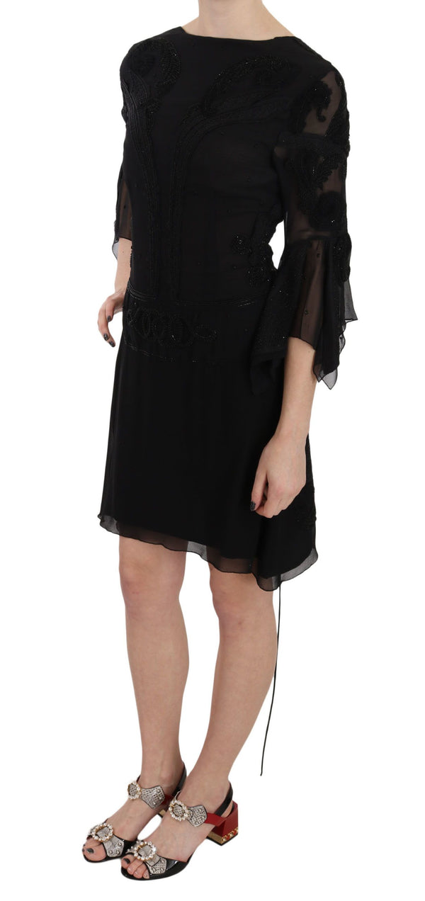 Elegant Black Sequined Silk Mini Dress John Richmond