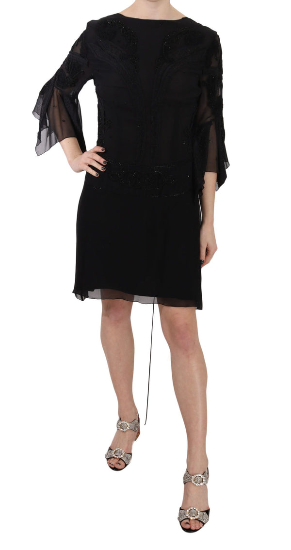 Elegant Black Sequined Silk Mini Dress John Richmond