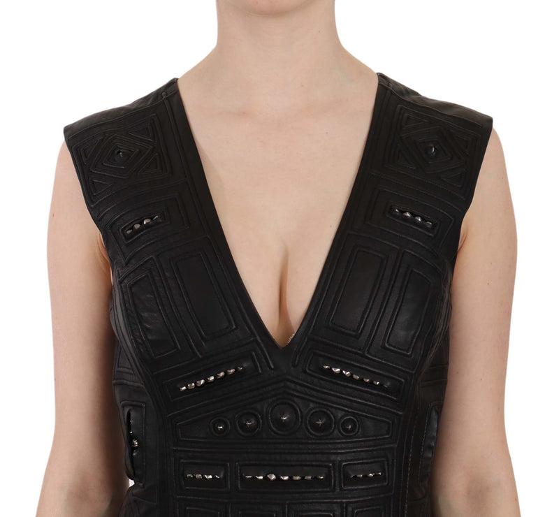 Studded Black Leather Mini Sheath Dress John Richmond