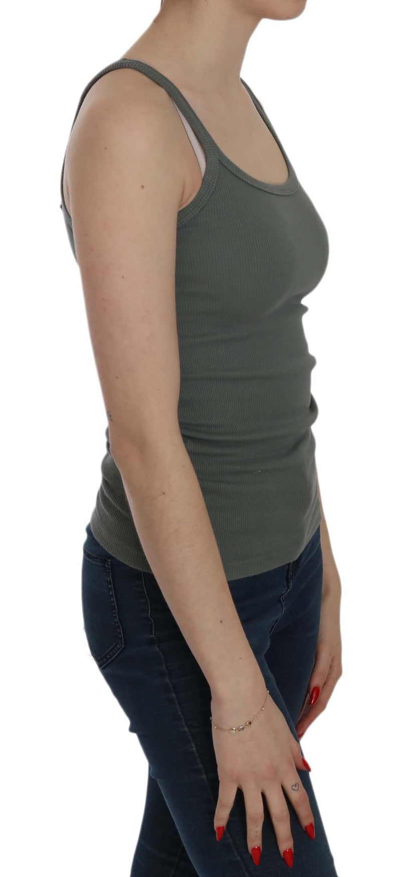 Elegant Round Neck Sleeveless Green Cotton Blouse PINK MEMORIES