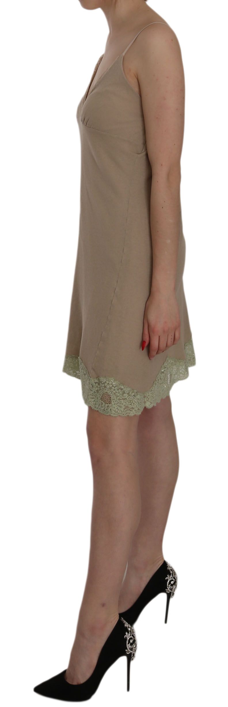 Elegant Beige Lace Spaghetti Strap Mini Dress PINK MEMORIES