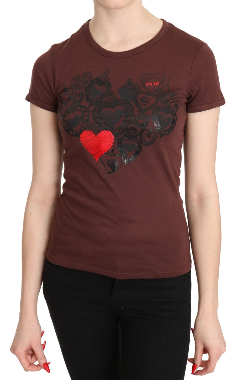 Chic Brown Hearts Printed Short Sleeve Top Exte