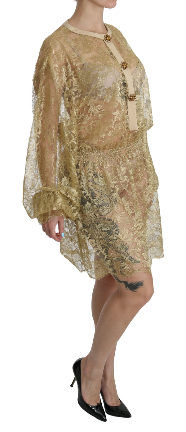 Elegant Gold Lace A-Line Knee Length Dress Dolce & Gabbana