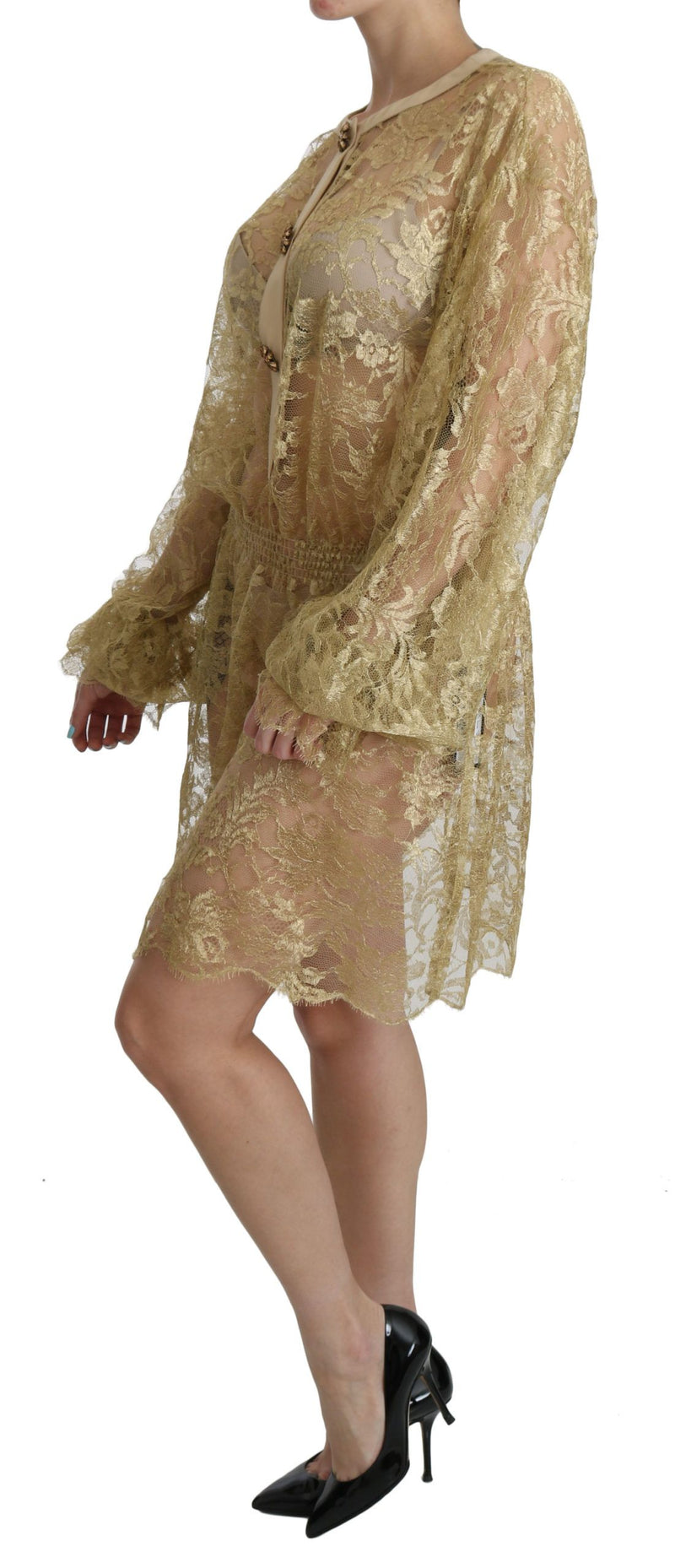 Elegant Gold Lace A-Line Knee Length Dress Dolce & Gabbana