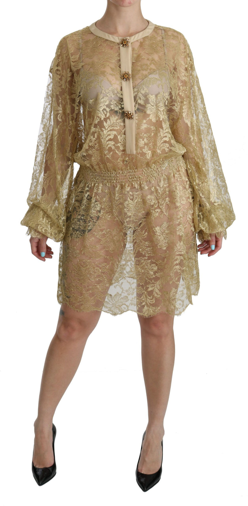 Elegant Gold Lace A-Line Knee Length Dress Dolce & Gabbana