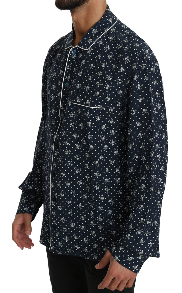 Silken Elegance: Blue Skull Print Lounge Shirt Dolce & Gabbana