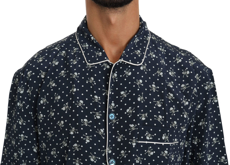 Silken Elegance: Blue Skull Print Lounge Shirt Dolce & Gabbana