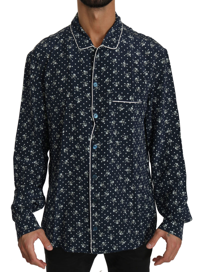 Silken Elegance: Blue Skull Print Lounge Shirt Dolce & Gabbana