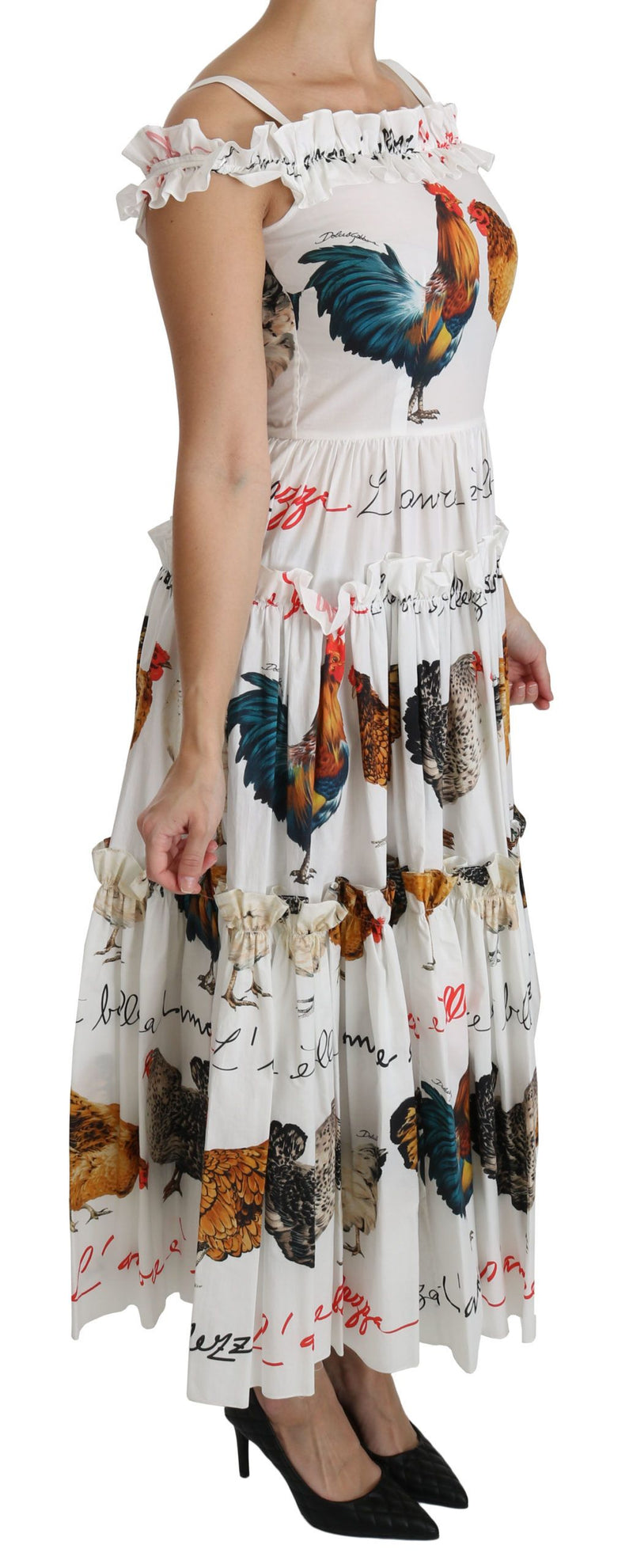 Elegant White Rooster Print Sheath Midi Dress Dolce & Gabbana