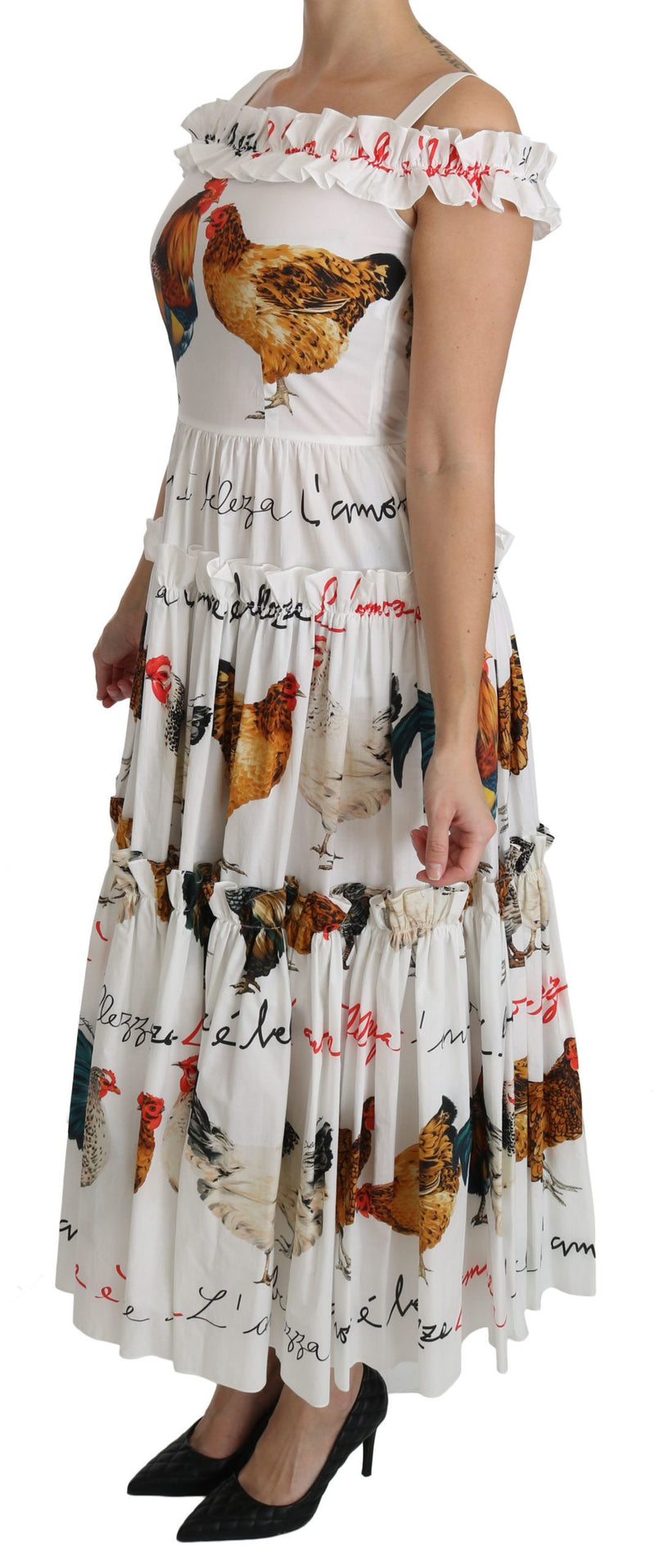 Elegant White Rooster Print Sheath Midi Dress Dolce & Gabbana