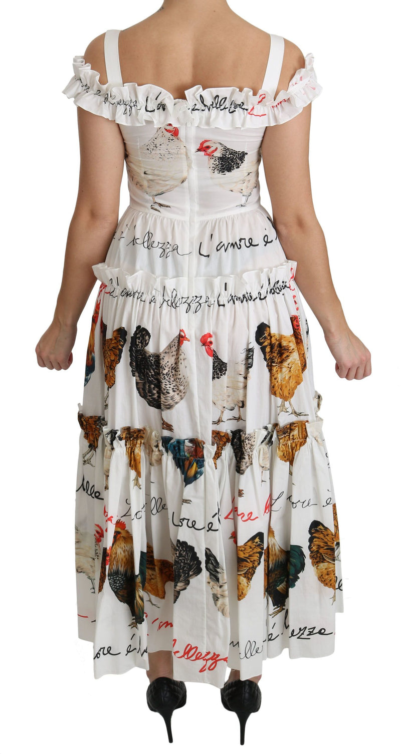 Elegant White Rooster Print Sheath Midi Dress Dolce & Gabbana