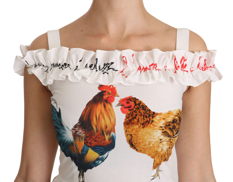 Elegant White Rooster Print Sheath Midi Dress Dolce & Gabbana