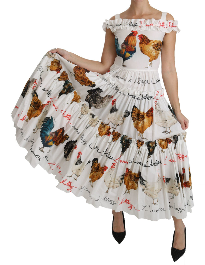 Elegant White Rooster Print Sheath Midi Dress Dolce & Gabbana