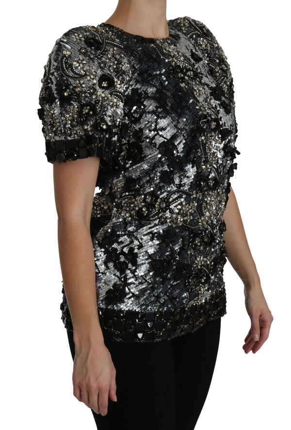 Sequined Crystal Embellished Crew Neck Top Dolce & Gabbana