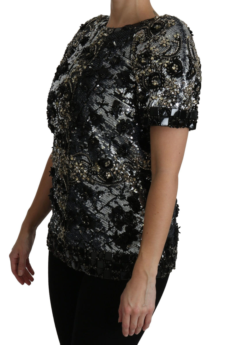 Sequined Crystal Embellished Crew Neck Top Dolce & Gabbana