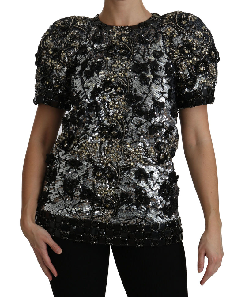 Sequined Crystal Embellished Crew Neck Top Dolce & Gabbana