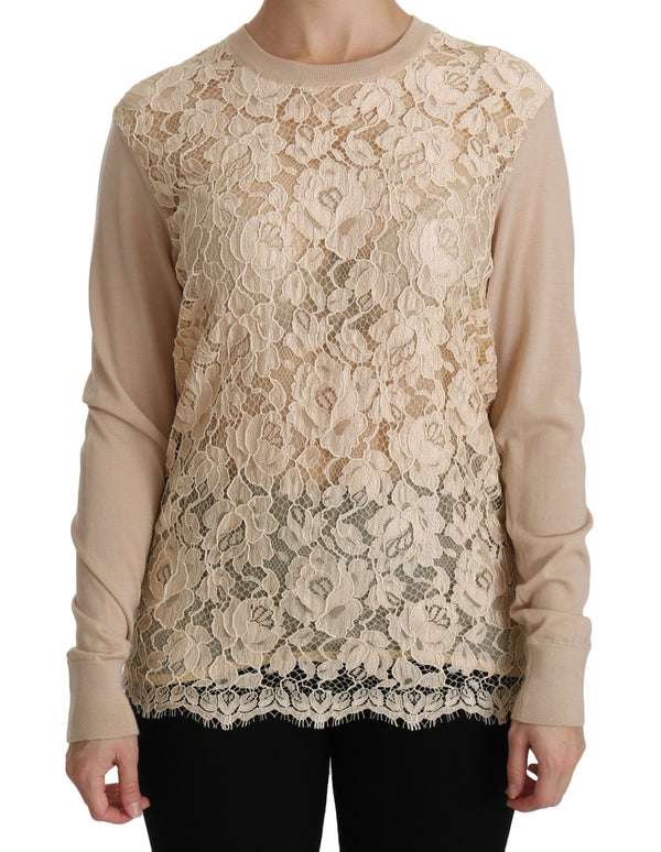 Elegant Beige Lace Crew Neck Cashmere Blouse Dolce & Gabbana