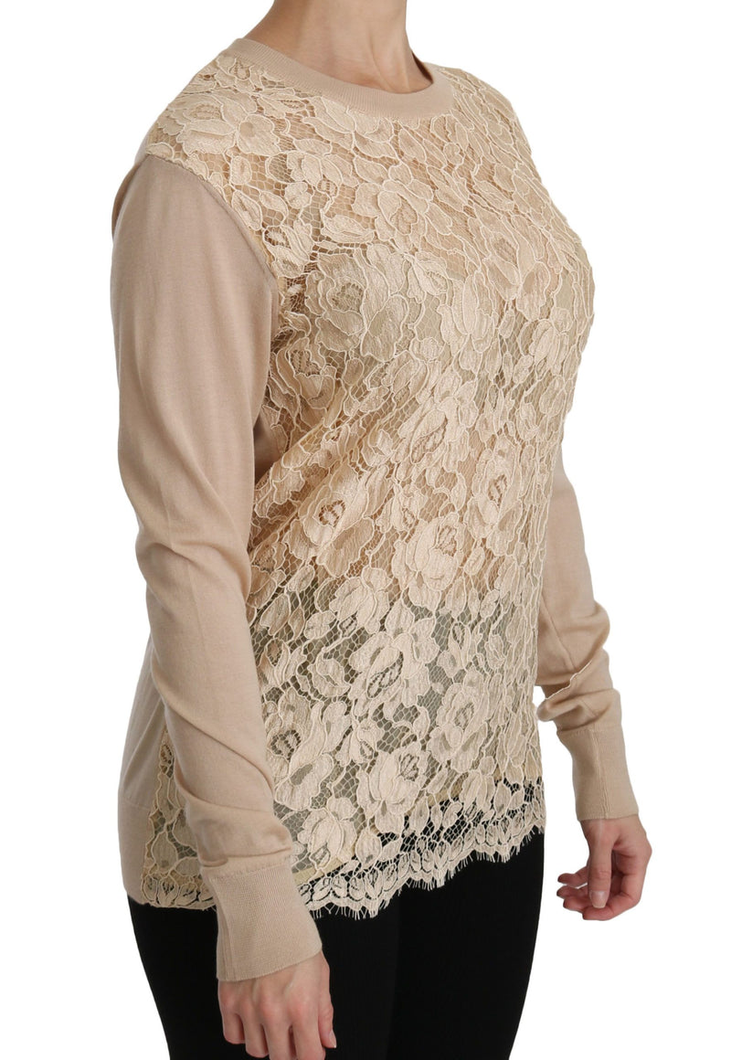 Elegant Beige Lace Crew Neck Cashmere Blouse Dolce & Gabbana