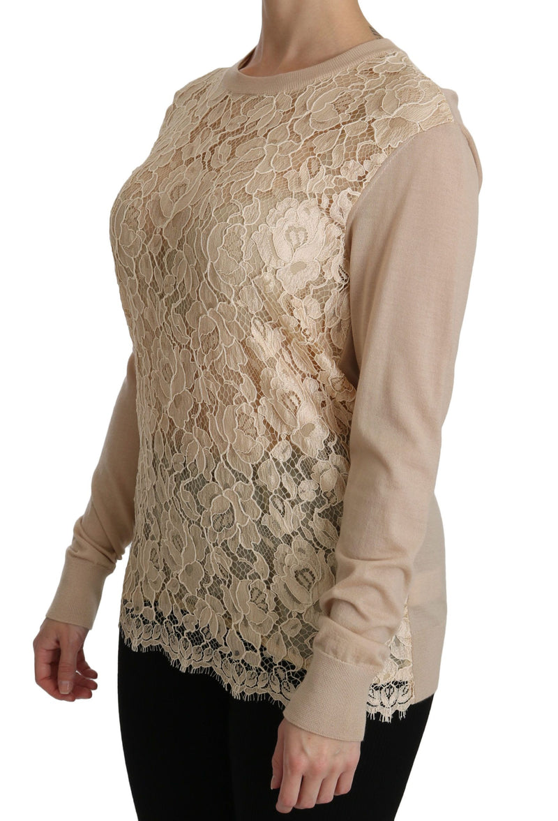 Elegant Beige Lace Crew Neck Cashmere Blouse Dolce & Gabbana