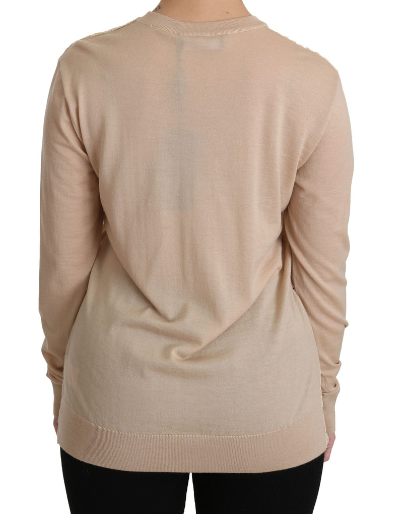 Elegant Beige Lace Crew Neck Cashmere Blouse Dolce & Gabbana