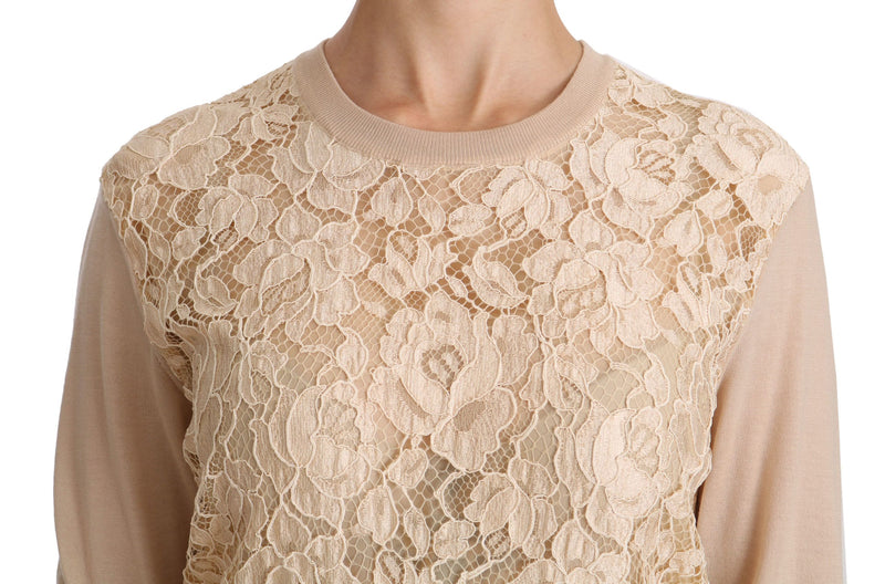 Elegant Beige Lace Crew Neck Cashmere Blouse Dolce & Gabbana