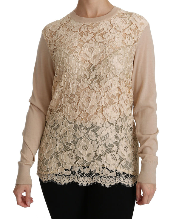 Elegant Beige Lace Crew Neck Cashmere Blouse Dolce & Gabbana