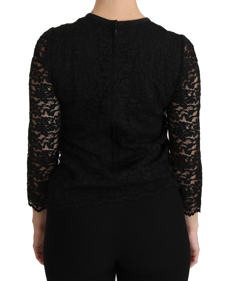 Elegant Black Lace Crew Neck Blouse Dolce & Gabbana