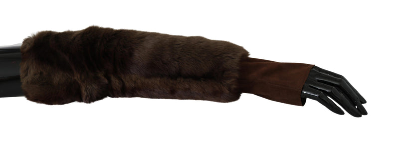 Elegant Brown Fur & Leather Elbow-Length Gloves Dolce & Gabbana