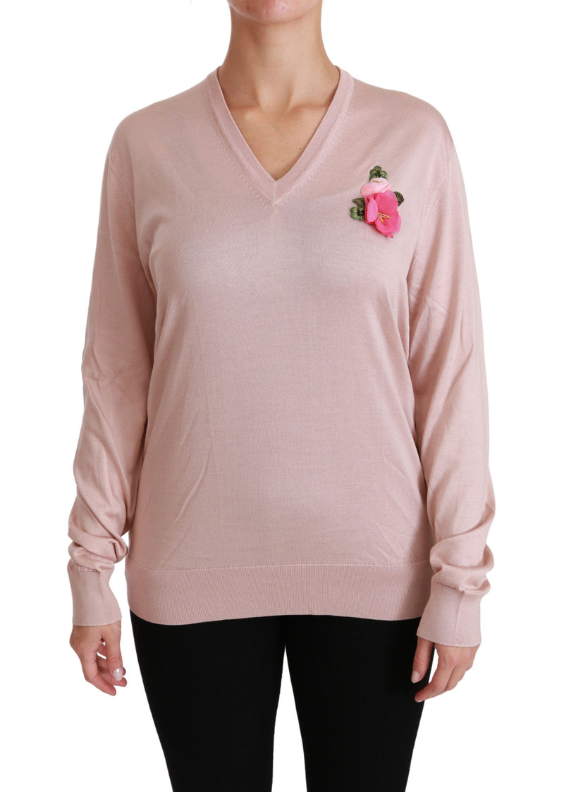 Pink Floral Silk V-Neck Sweater Dolce & Gabbana