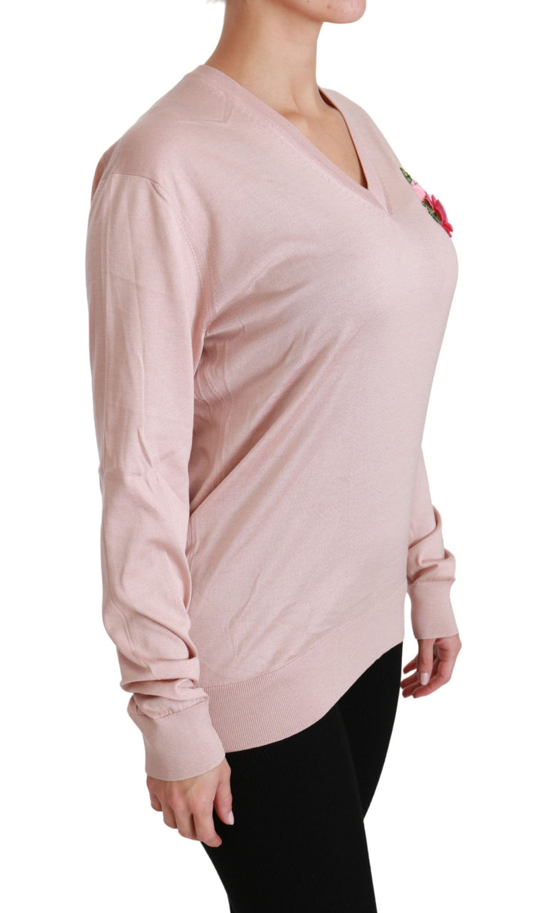 Pink Floral Silk V-Neck Sweater Dolce & Gabbana