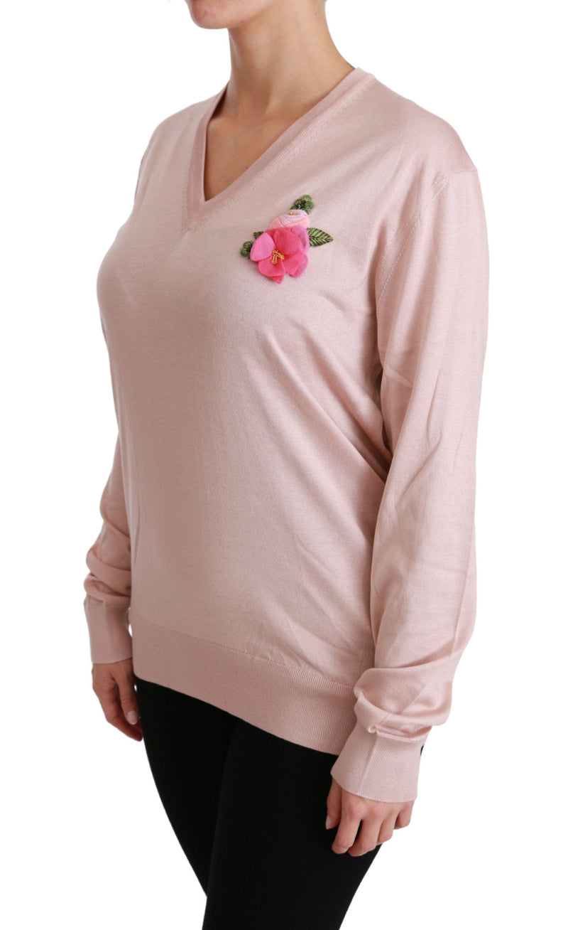 Pink Floral Silk V-Neck Sweater Dolce & Gabbana