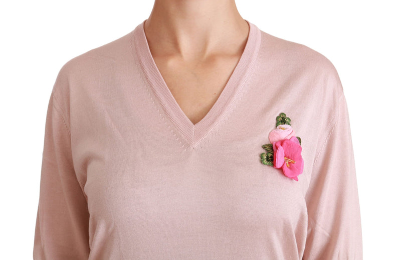 Pink Floral Silk V-Neck Sweater Dolce & Gabbana