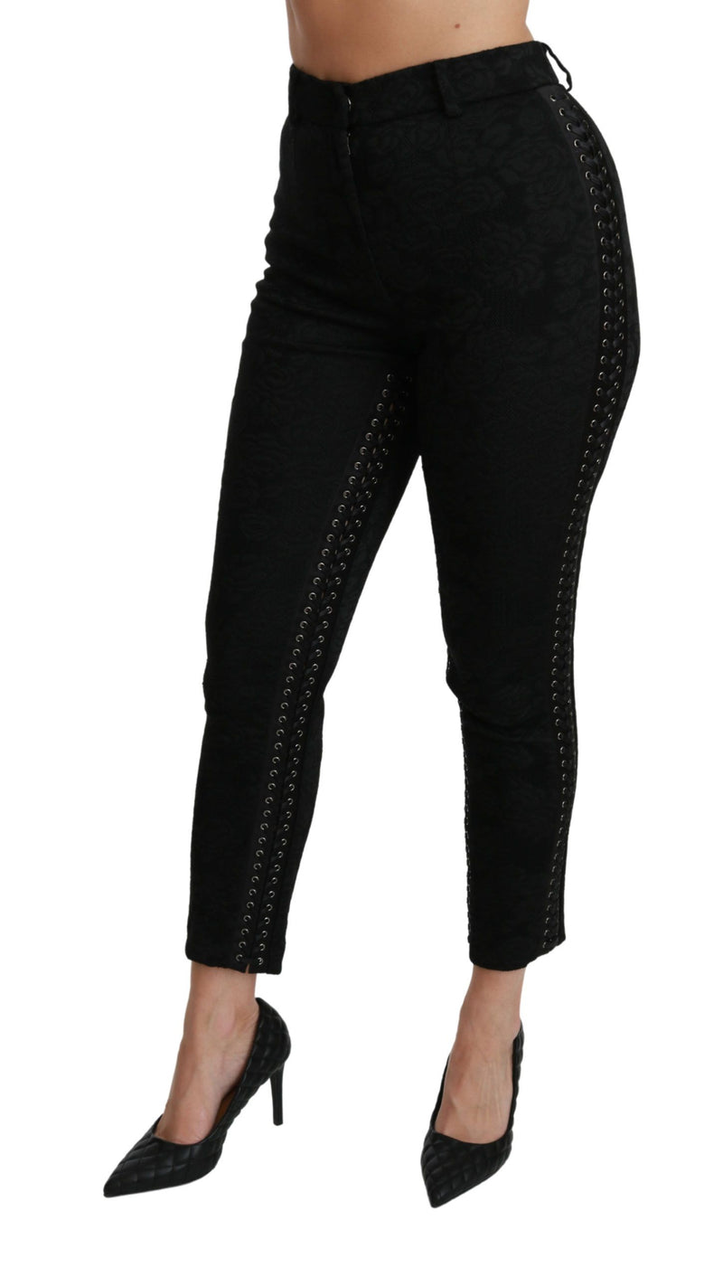 Elegant High Waist Skinny Black Brocade Pants Dolce & Gabbana