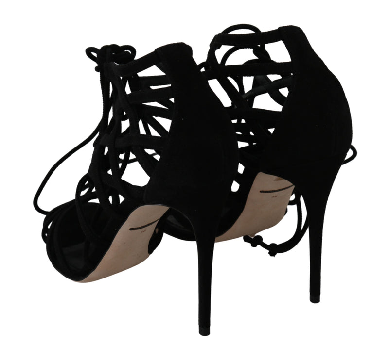 Elegant Black Suede Stiletto Ankle Strap Sandals Dolce & Gabbana