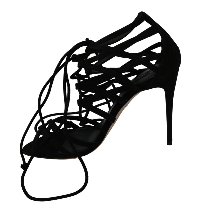 Elegant Black Suede Stiletto Ankle Strap Sandals Dolce & Gabbana