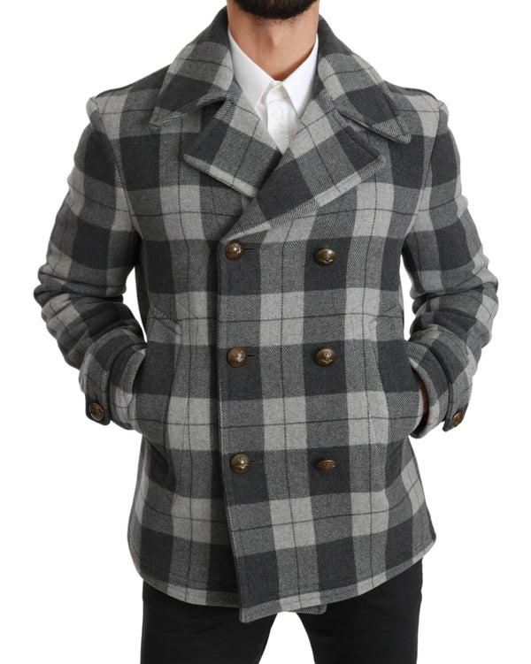 Elegant Gray Check Double Breasted Coat Dolce & Gabbana