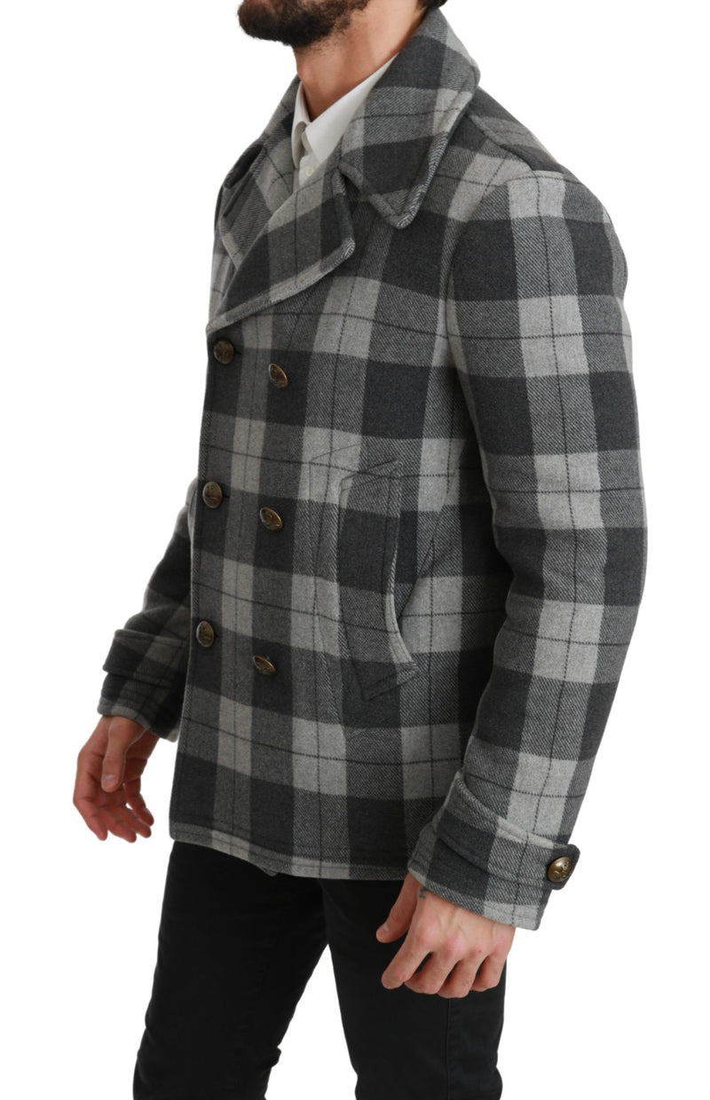 Elegant Gray Check Double Breasted Coat Dolce & Gabbana