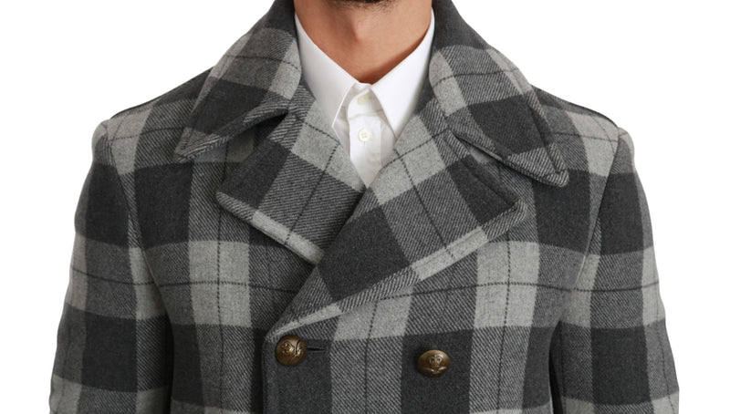 Elegant Gray Check Double Breasted Coat Dolce & Gabbana