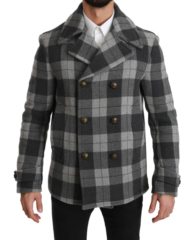 Elegant Gray Check Double Breasted Coat Dolce & Gabbana