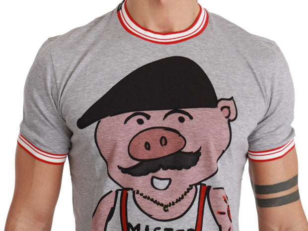 Chic Gray Cotton T-Shirt with Year of the Pig Motive Dolce & Gabbana