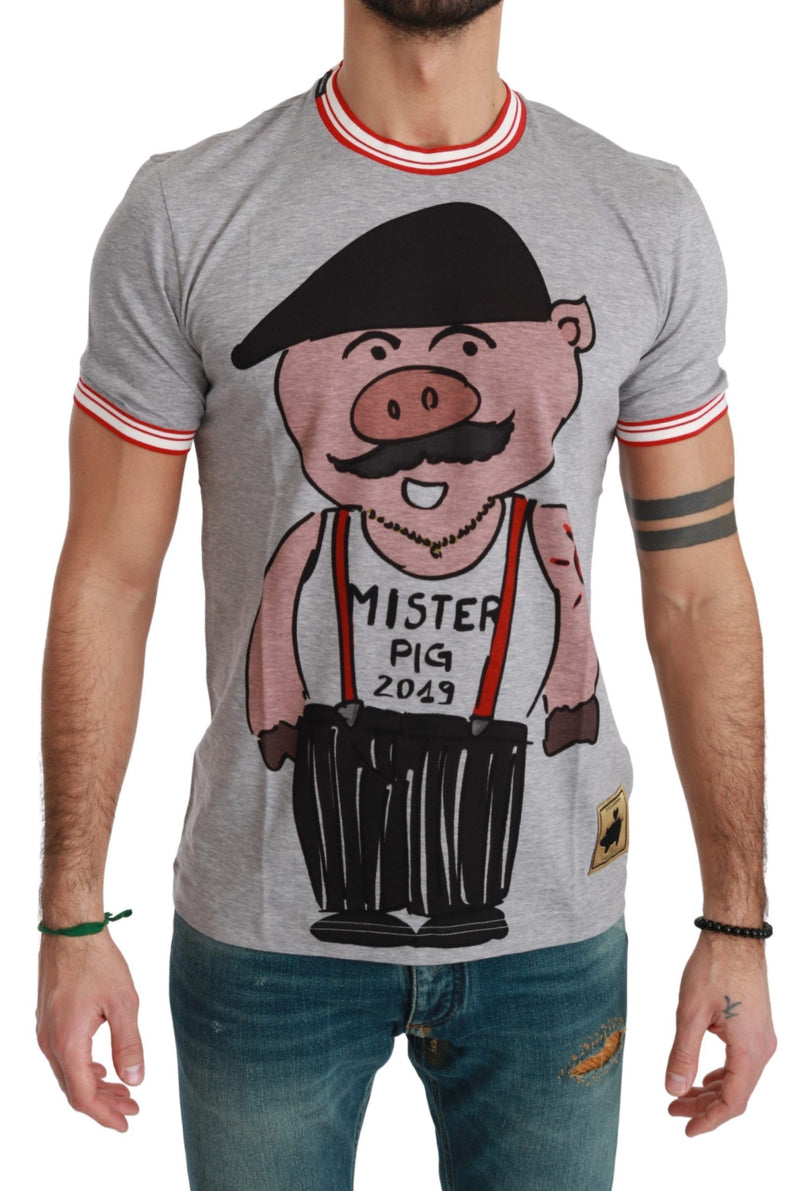 Chic Gray Cotton T-Shirt with Year of the Pig Motive Dolce & Gabbana