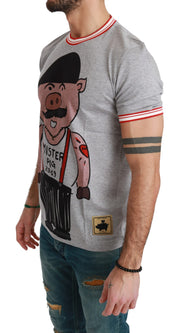 Chic Gray Cotton T-Shirt with Year of the Pig Motive Dolce & Gabbana