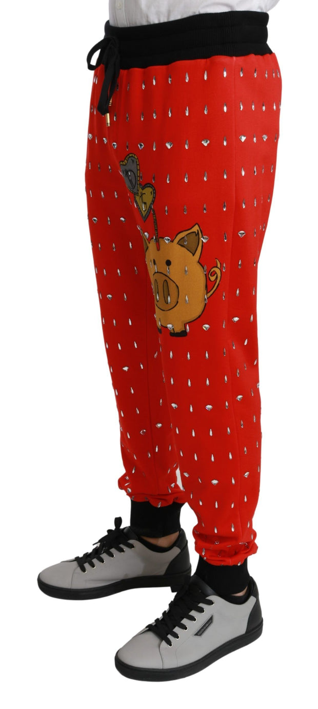 Chic Red Piggy Bank Print Sweatpants Dolce & Gabbana