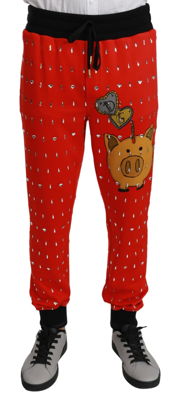 Chic Red Piggy Bank Print Sweatpants Dolce & Gabbana