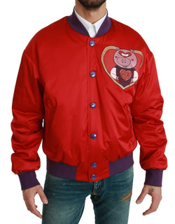 Vibrant Red Bomber Jacket with Multicolor Motif Dolce & Gabbana